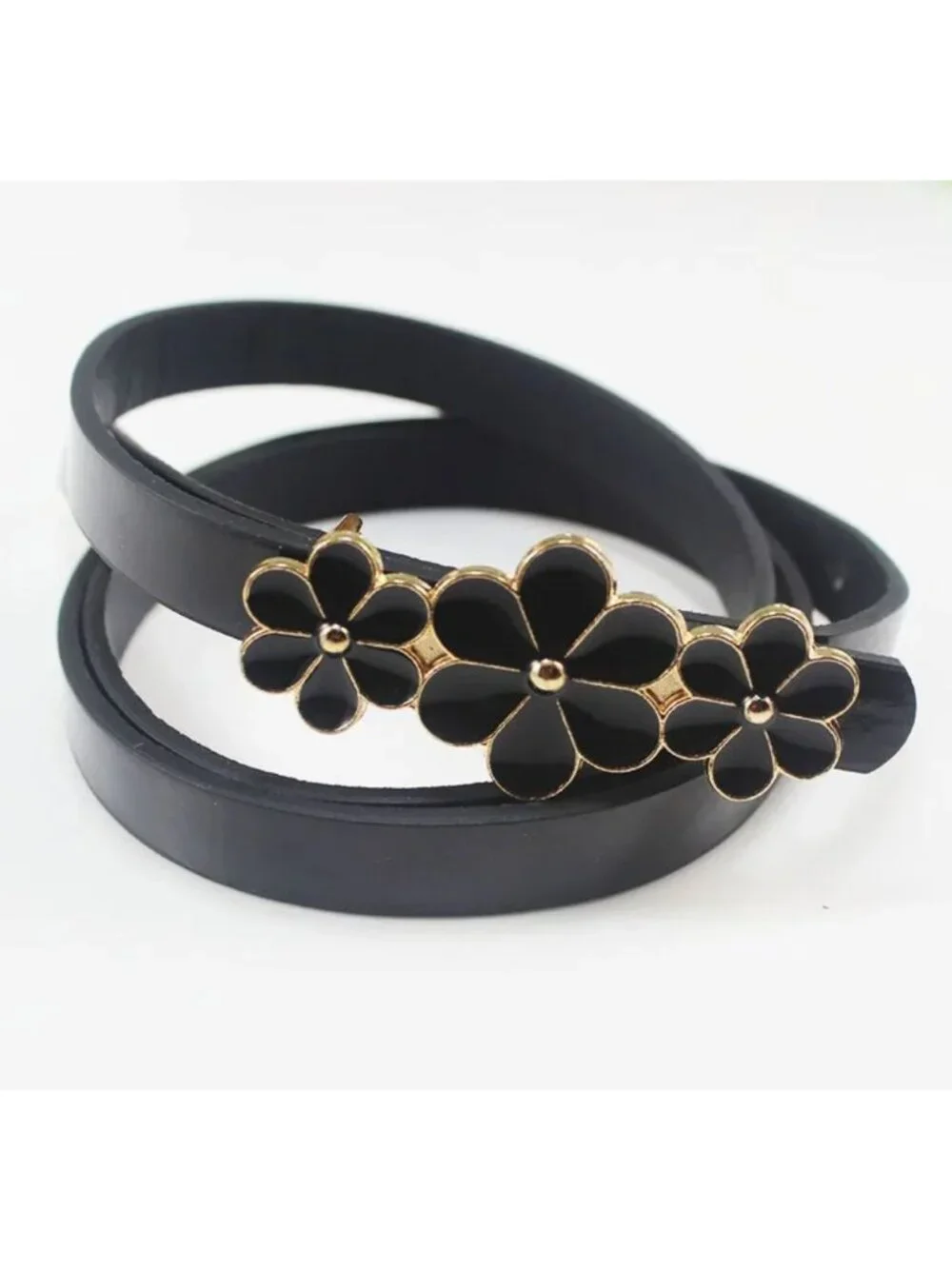 Floral Buckle Skinny Belt Set of 2 - Black & White with Gold Accents